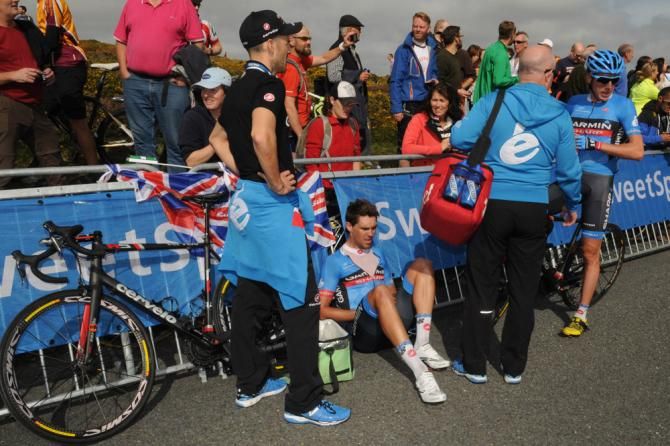 Garmin-Sharp's Jack Bauer and Dan Martin recover after the stage 6 summit finish at the Tour of Britain