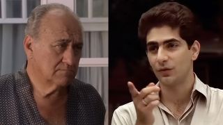 Jerry Adler looking unimpressed as Hesh in The Sopranos, with Michael Imperioli pointing as Chris in The Sopranos.