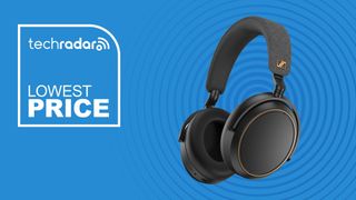 Sennheiser Momentum 4 Wireless special edition headphones on blue background with "Lowest Price" text in white