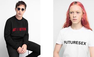 Left, a man sitting on a stool wearing round sunglasses, a black top and black pants. Right, a woman with red hair wearing a white shirt.