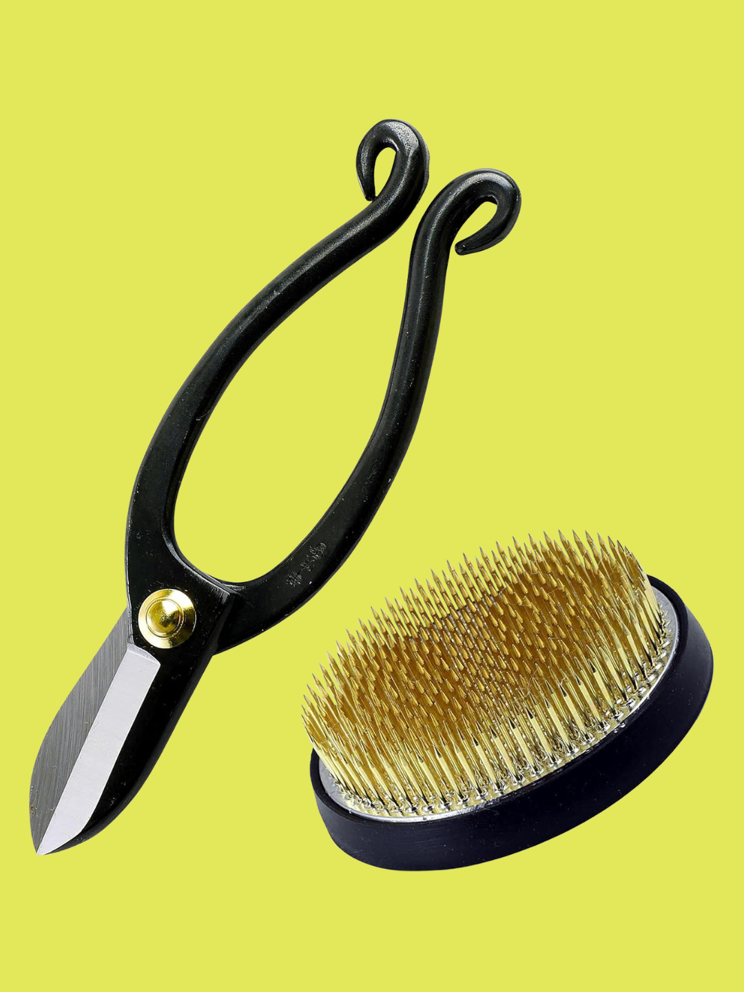 A pair of florist scissors and a flower frog