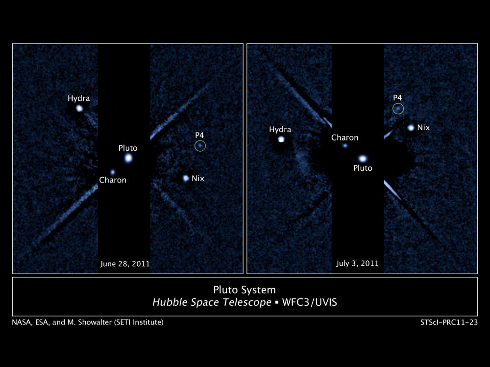 Two labeled images of the Pluto system, released on July 20, 2011, taken by the Hubble Space Telescope's Wide Field Camera 3 ultraviolet visible instrument with newly discovered fourth moon P4 circled. The image on the left was taken on June 28, 2011. The image of the right was taken on July 3, 2011.