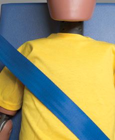 If the shoulder belt falls off the shoulder, or rests on your child's neck, it won't work as well. This picture shows a poor fit of the shoulder belt.