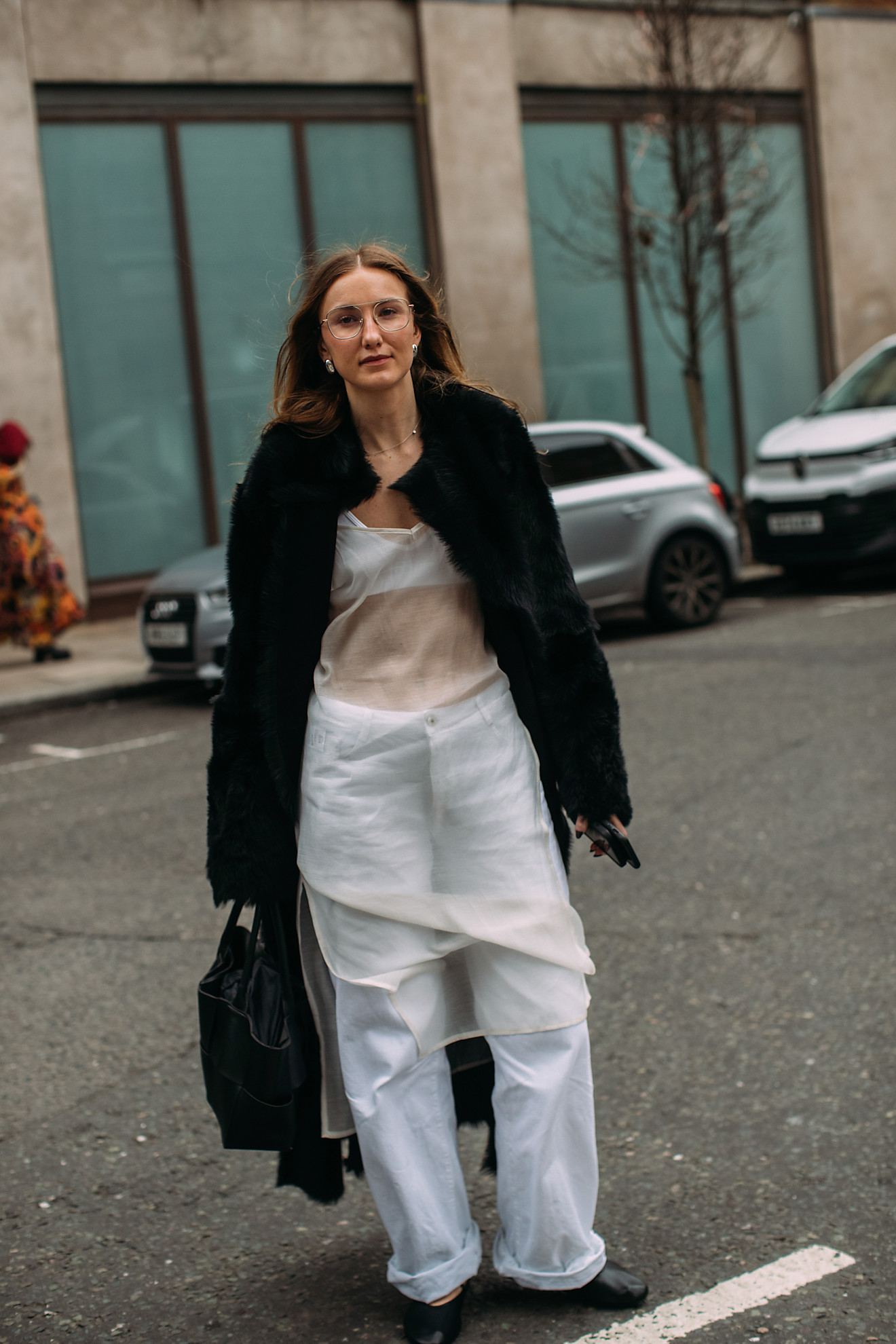 collage of woman wearing sheer dress, white pants, black coat