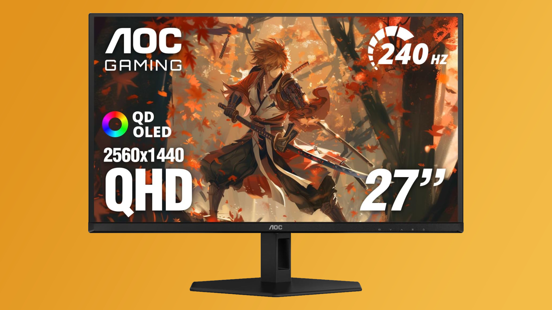 An AOC Q27GAZD QD-OLED gaming monitor on an orange and yellow gradient background