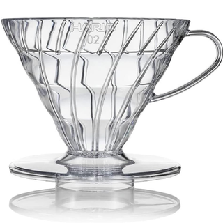 a clear plastic resin drip through coffee maker called V60 by Hario