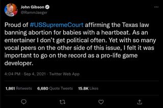 John Gibson tweet in support of Texas Heartbeat Act
