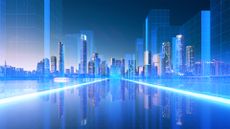 Smart city concept image showing futuristic, digitized city skyline with skyscrapers illuminated by lights.