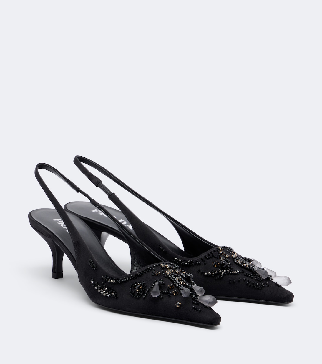 Embellished Satin Slingback Pumps in Black - Prada
