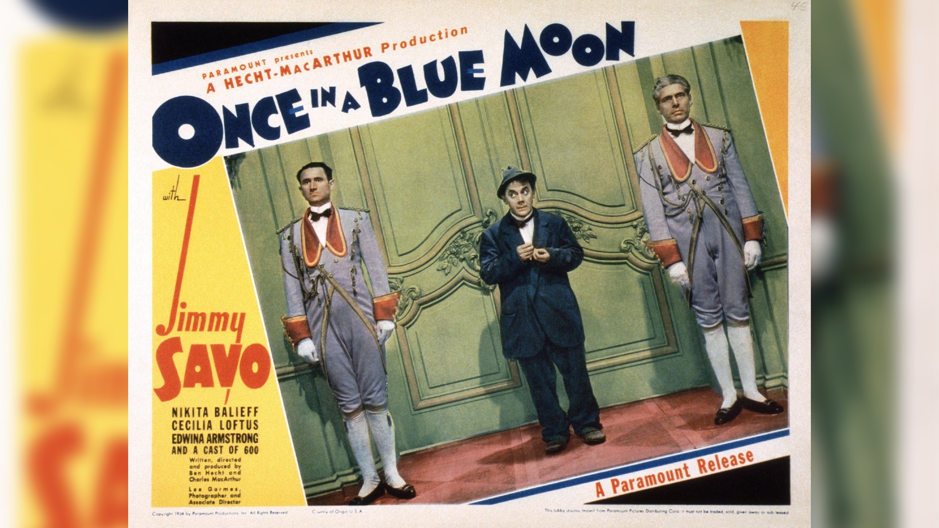 a vintage advertisement for a theater production showing three men in formal wear under the title 'once in a blue moon'
