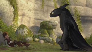 Hiccup and Toothless meet and eat fish in How To Train Your Dragon.