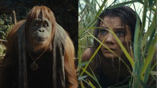 Raka the orangutan and Freya Allan, pictured side by side, in Kingdom of the Planet of the Apes.