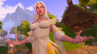 A screencap of a Fellowship video about new support hero Aeona. An elven woman with long white hair holds her hand out at her sides as an hourglass floats behind her. She is wearing white robes with golden accents.