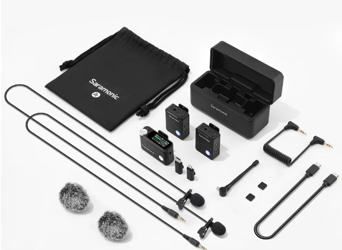 Everything included in the Saramonic Ultra wireless mic kit.