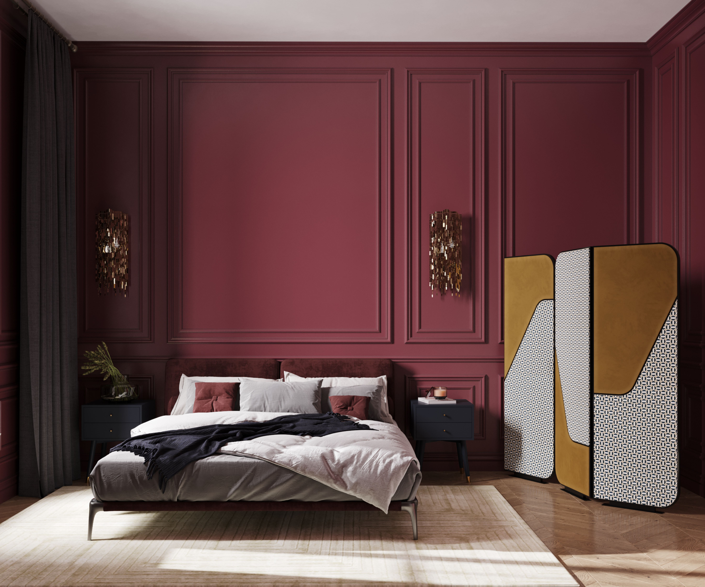 bedroom with dark red wall panelling, bed and yellow and white room divider screen in corner