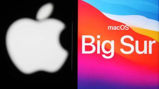 The Apple logo displayed next to a promotional poster for macOS Big Sur