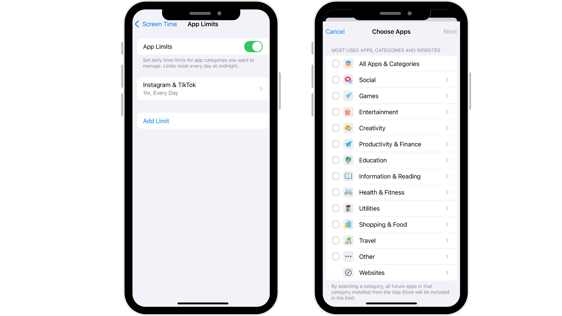 iPhone screenshots showing Sleep Focus modes, Apple Health app and App Limitation settings