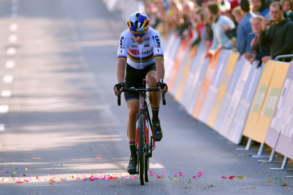 Wout van Aert crosses the line in second
