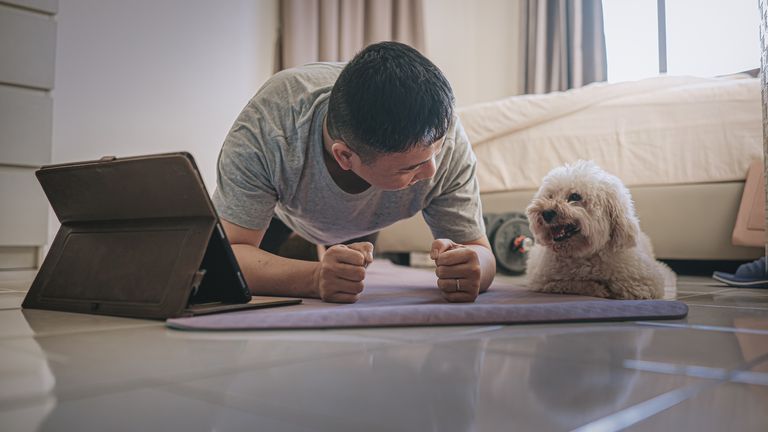 Man holding a plank while a dog watches