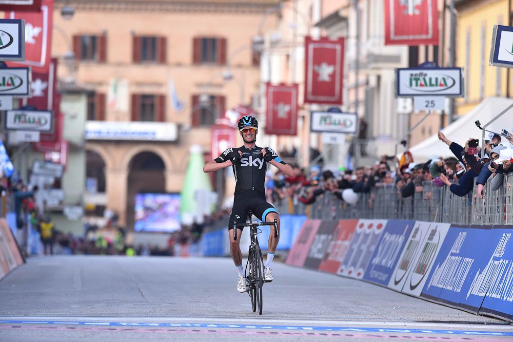 Wout Poels salutes the victory.
