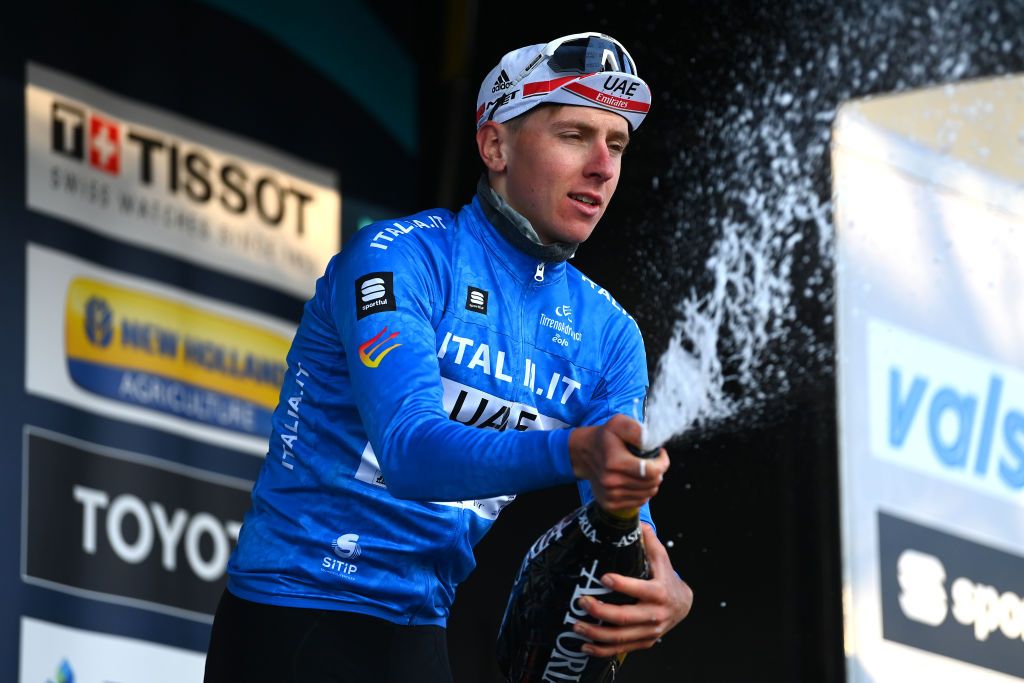 BELLANTE ITALY MARCH 10 Tadej Pogacar of Slovenia and UAE Team Emirates celebrates at podium as Blue Leader Jersey winner during the 57th TirrenoAdriatico 2022 Stage 4 a 202km stage from Cascata delle Marmore to Bellante 345m TirrenoAdriatico WorldTour on March 10 2022 in Bellante Italy Photo by Tim de WaeleGetty Images