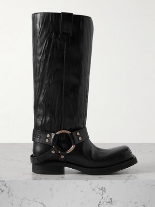 Black decorated crinkle leather knee high boots