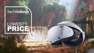 A PSVR 2 headset against a blurred background of a lush forest camp