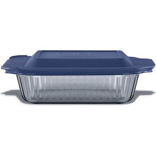 Glass pyrex baking dish on a white background