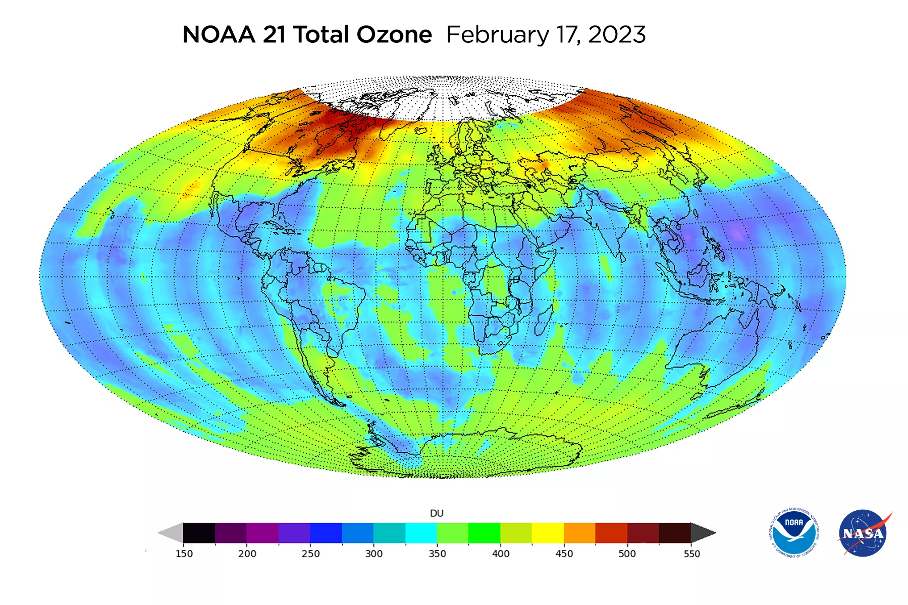 an ovular map of the earth overlayed with blue, green, red and yellow to map and measure the planet's ozone. Total ozone measured by the OMPS NM on February 17, 2023.