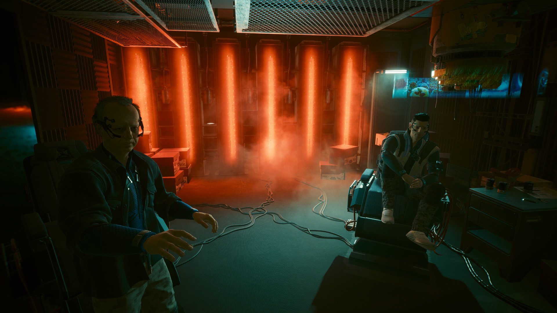 Cyberpunk 2077 screenshot of a father and son who are being confronted by V in a BD den during the gig Dirty Biz