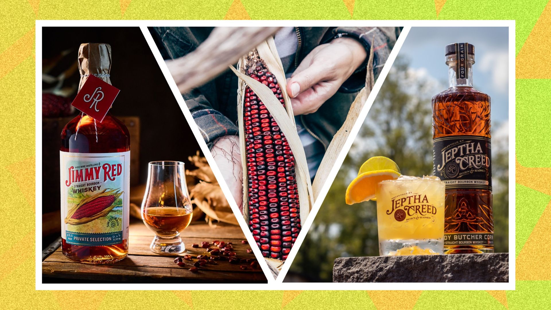 Two different bourbons and cocktails either side of a red corn husk