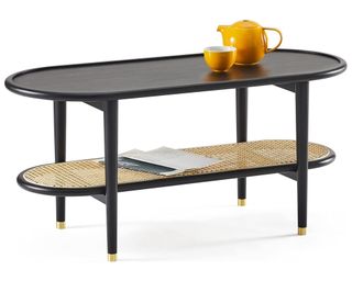 Harmati Coffee Table for Living Room - Black Accent Table with Storage, Mid Century Modern Tables, Solid Wood Legs & Natural Rattan
