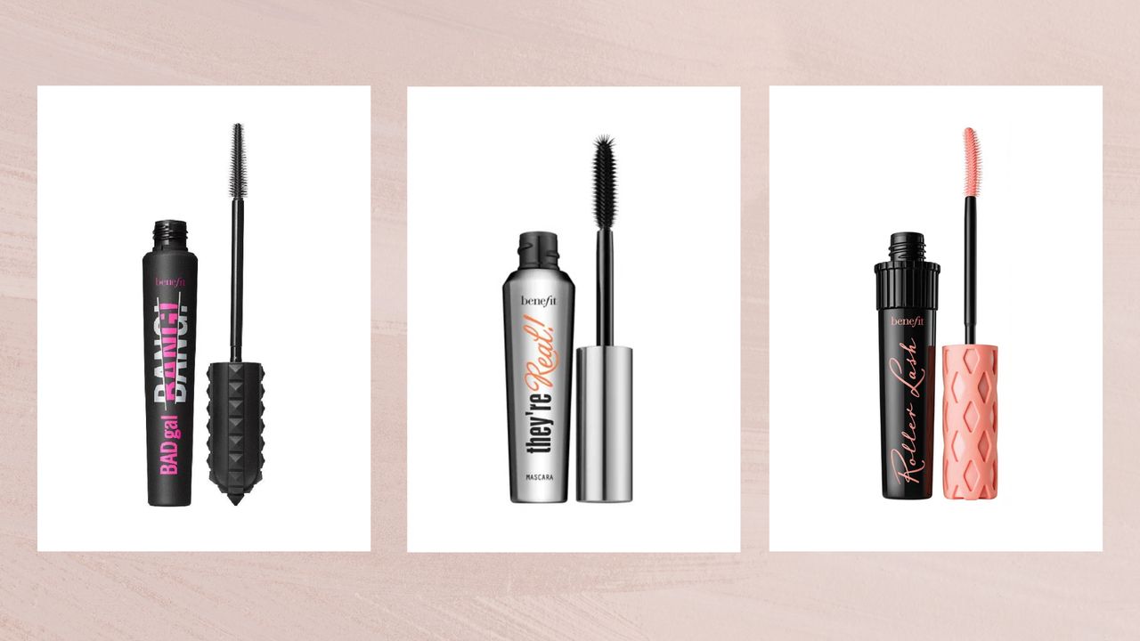 Images of three of the best Benefit mascaras, Badgal BANG!, They&#039;re Real! and Roller Lash, set against a dusky pink watercolour-style background