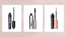 Images of three of the best Benefit mascaras, Badgal BANG!, They're Real! and Roller Lash, set against a dusky pink watercolour-style background