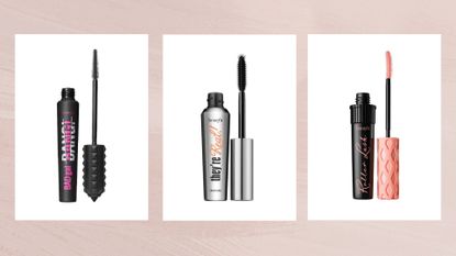 Images of three of the best Benefit mascaras, Badgal BANG!, They're Real! and Roller Lash, set against a dusky pink watercolour-style background