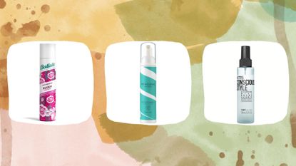 A composite image of three of the best dry shampoo for oily hair, on a colorful background.