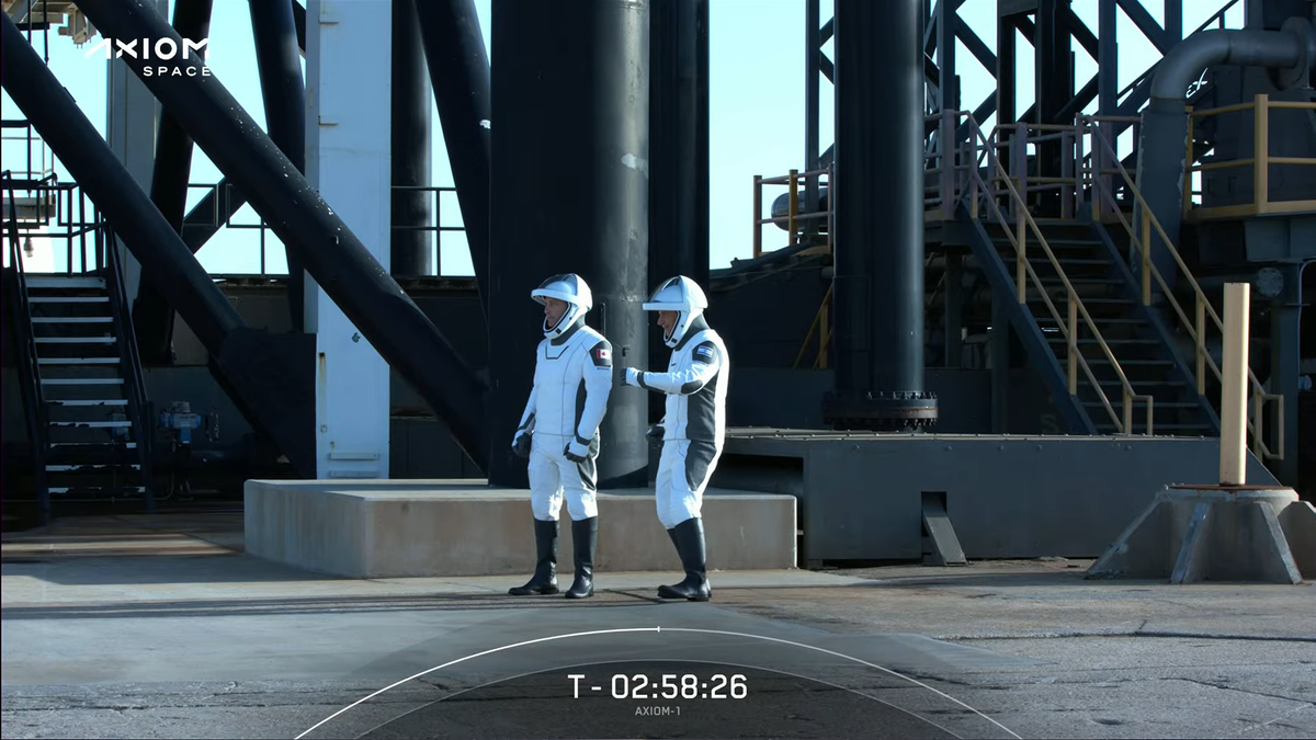 Ax-1 astronaut Eytan Stibbe does a dance at the launch pad.