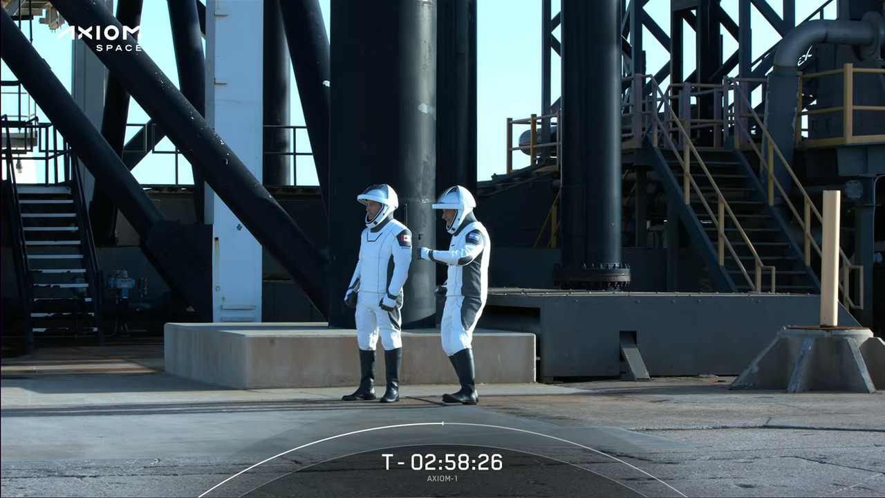 Ax-1 astronaut Eytan Stibbe does a dance at the launch pad.