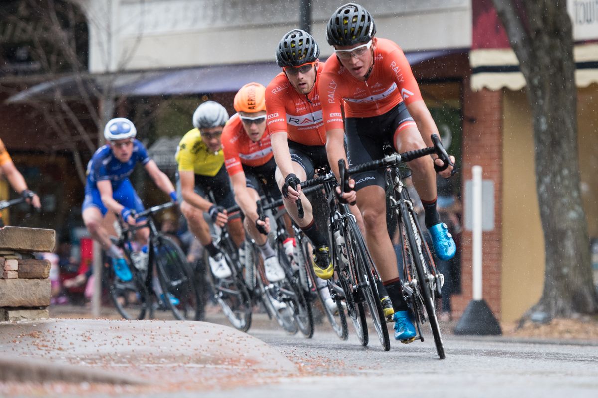 The Rally Cycling Team lines up and protects their GC leader, Adam DeVos.