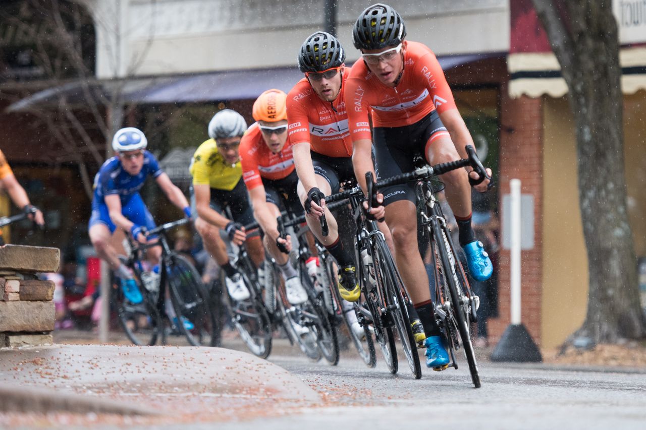 The Rally Cycling Team lines up and protects their GC leader, Adam DeVos.