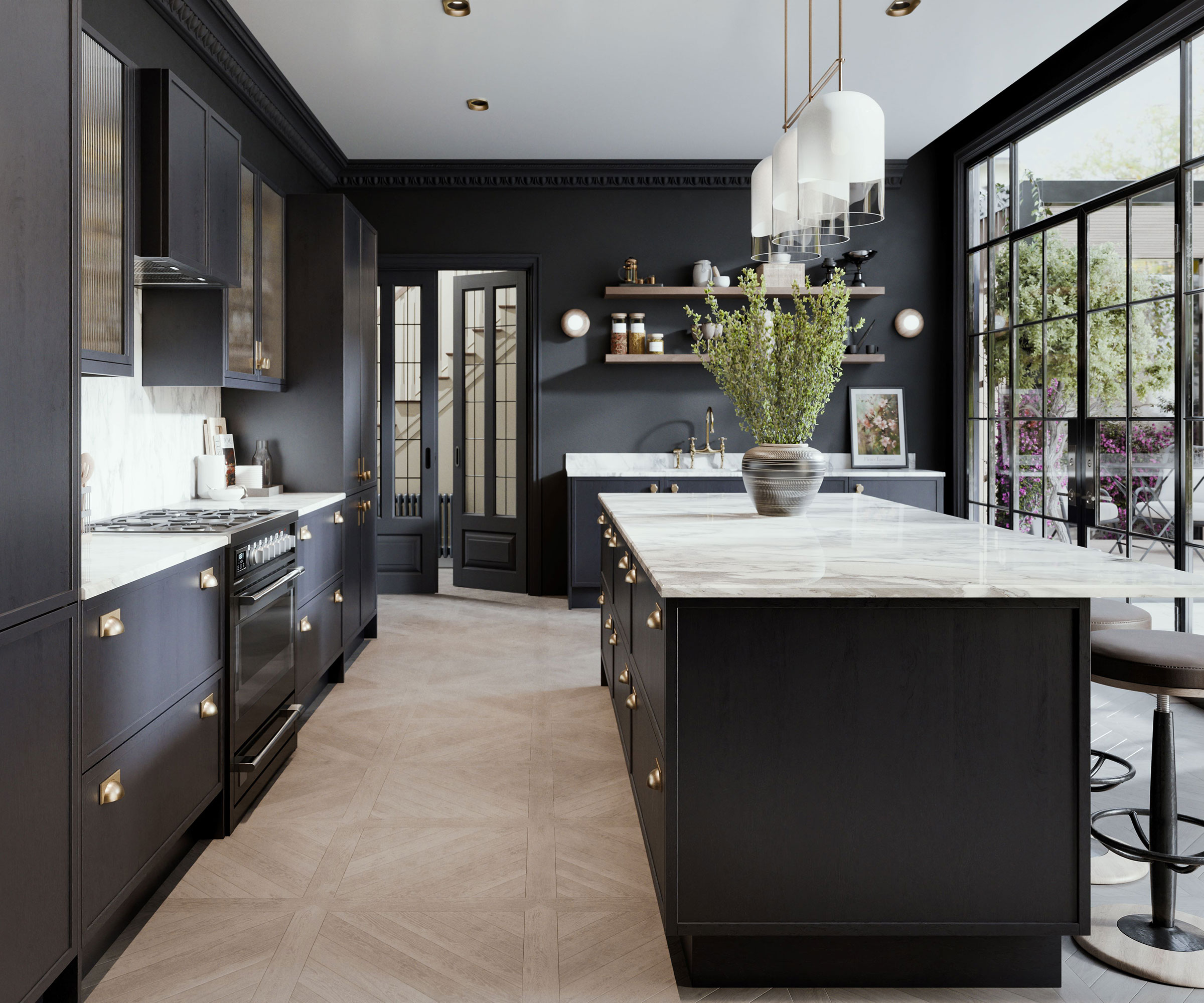 black kitchen with marble worktops and Crittall style doors