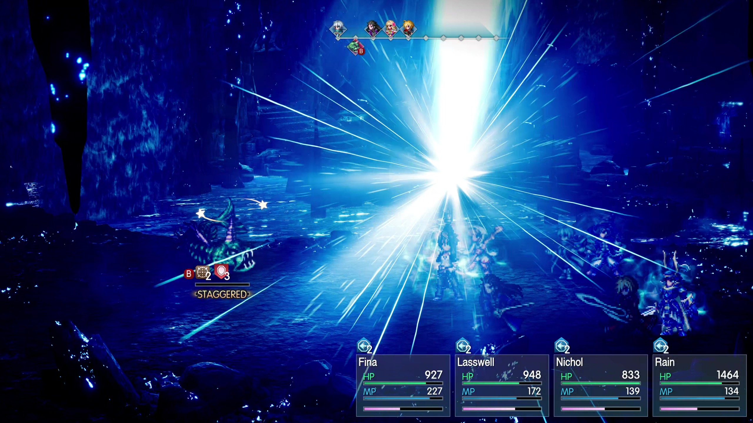 Blue-lit fantasy battle erupts with a blinding white energy burst and radiating beams, while a party of heroes faces enemies; RPG status bars line the bottom.