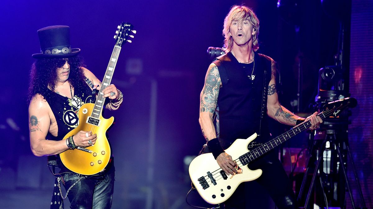 Slash (left) and Duff McKagan perform onstage during day 2 of the 2016 Coachella Valley Music &amp; Arts Festival Weekend 1 at the Empire Polo Club on April 16, 2016 in Indio, California