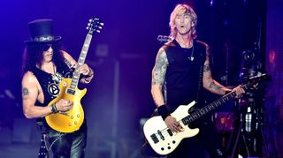 Slash (left) and Duff McKagan perform onstage during day 2 of the 2016 Coachella Valley Music & Arts Festival Weekend 1 at the Empire Polo Club on April 16, 2016 in Indio, California
