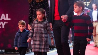 Prince William, Duke of Cambridge and Catherine, Duchess of Cambridge with their children, Prince Louis, Princess Charlotte and Prince George, attend a special pantomime performance at London's Palladium Theatre, hosted by The National Lottery, to thank key workers and their families for their efforts throughout the pandemic on December 11, 2020 in London, England