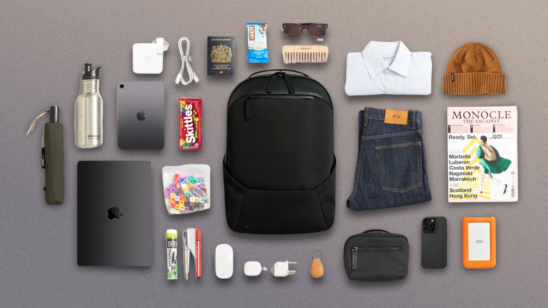 The Troubadour Apex backpack, along with all the things that will fit inside it.