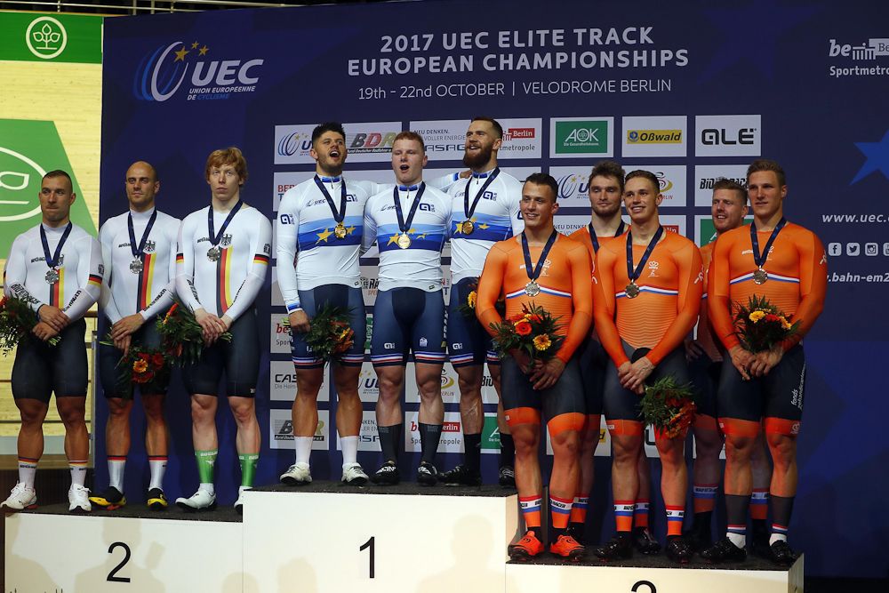 The men's team sprint podium at the European track championships