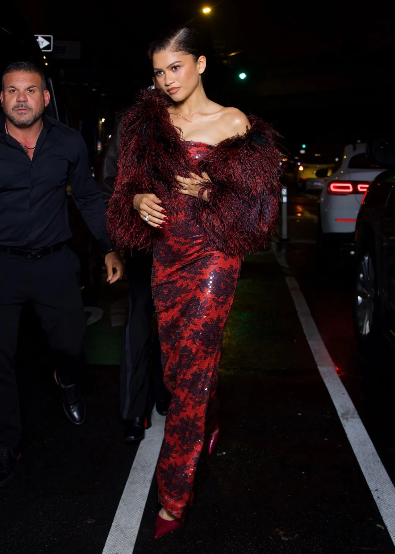 Zendaya at the 2025 Met Gala after-party in a red gown.