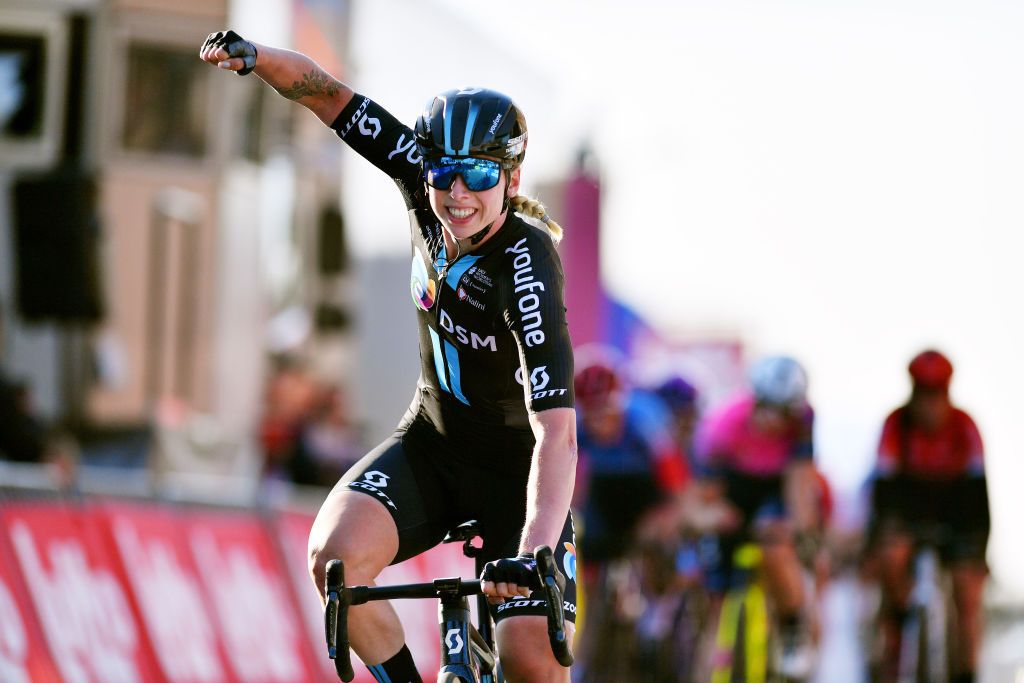 OETINGEN BELGIUM MARCH 09 Lorena Wiebes of Netherlands and Team DSM celebrates winning during the 2nd GP Oetingen 2022 Womens Elite a 130km one day race from Oetingen to Oetingen gpoetingen on March 09 2022 in Oetingen Belgium Photo by Luc ClaessenGetty Images