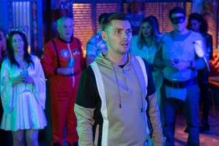 Ste Hay can't believe what he's hearing when James grabs the mic in Hollyoaks!